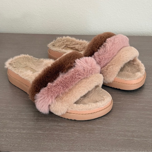 Aldo Women's Fuzzy Pink and Brown Slide Slippers - Picture 1 of 5